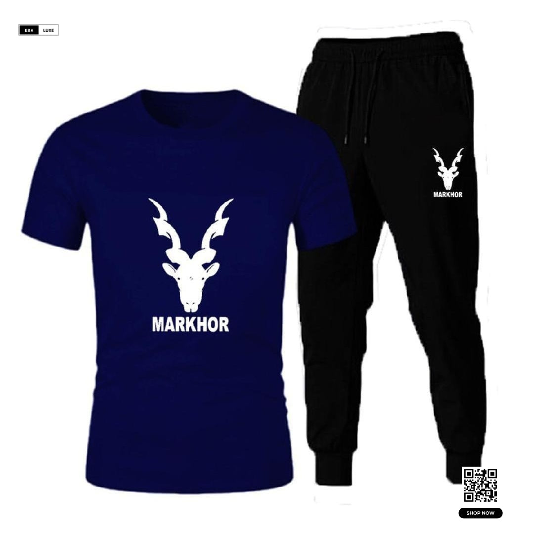 Men’s Markhor Design Printed Track Suit – Blue Polyester 2-Piece Set
