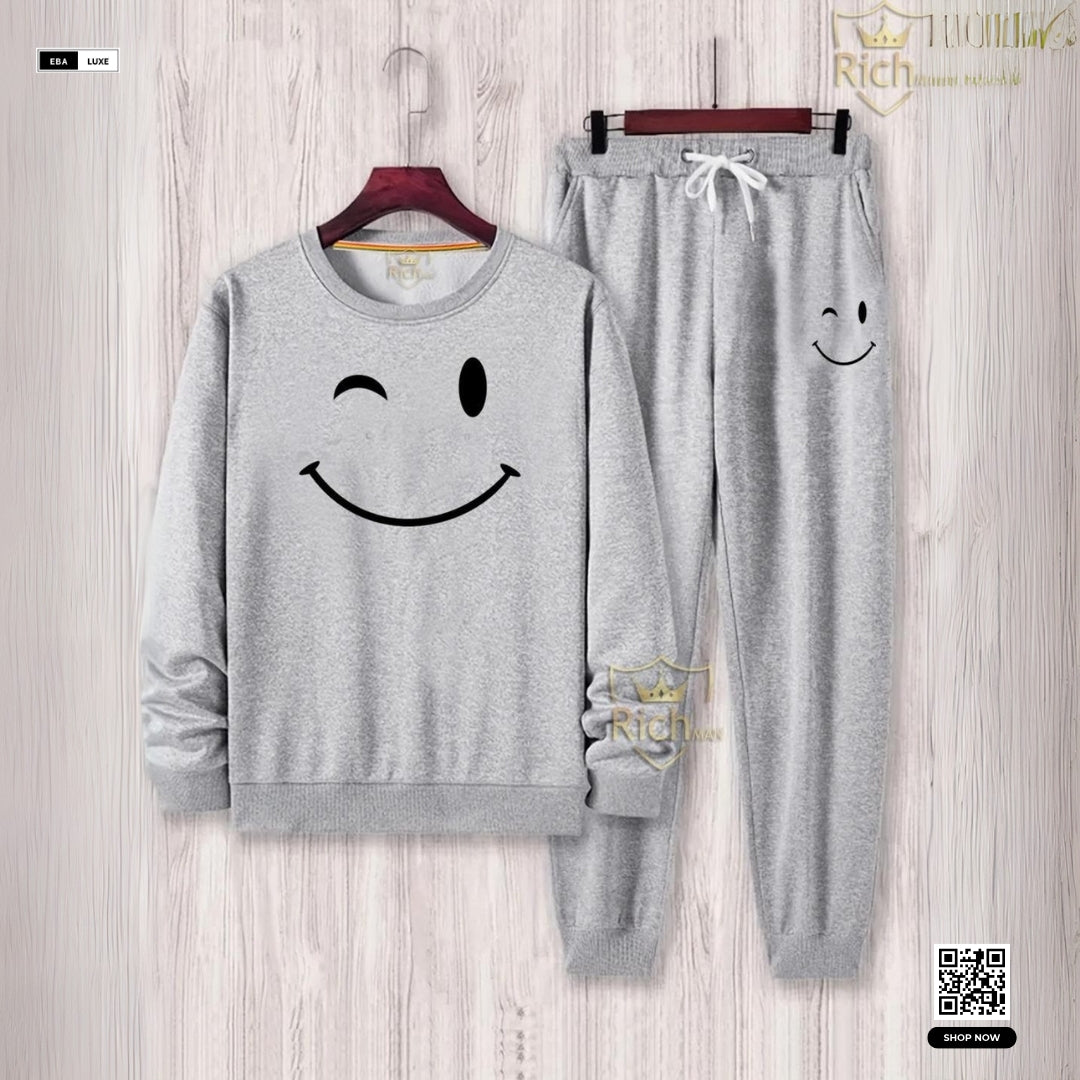 Men’s Graphic Fleece Tracksuit – KING & Smiley Design – Grey 2-Pcs