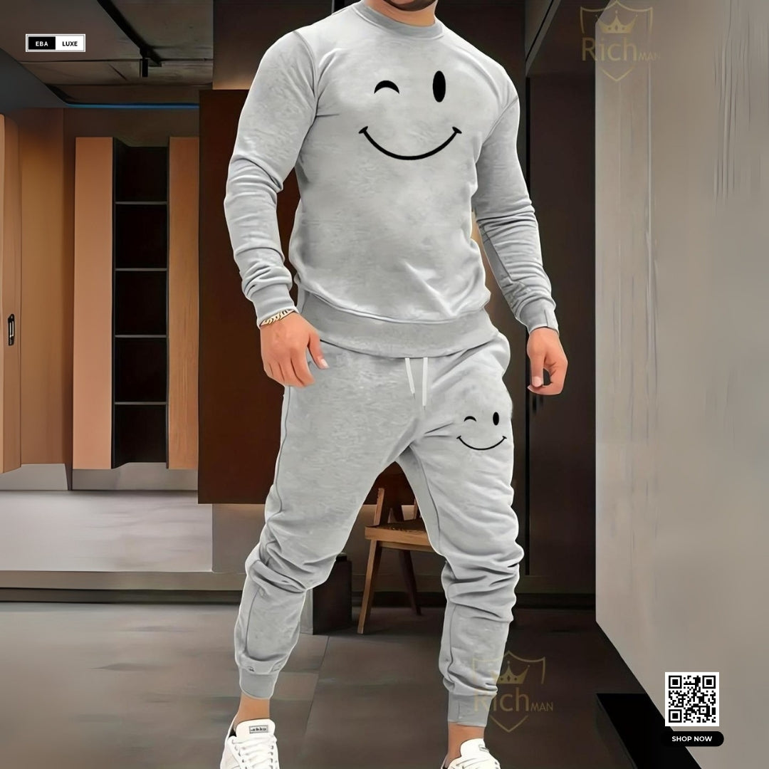 Men’s Graphic Fleece Tracksuit – KING & Smiley Design – Grey 2-Pcs