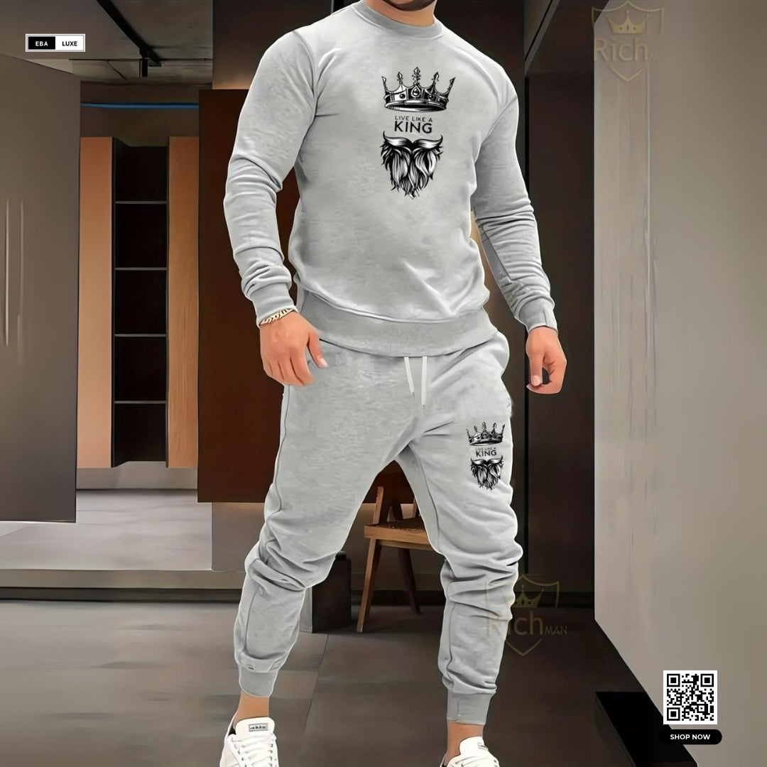 Men’s Graphic Fleece Tracksuit – KING & Smiley Design – Grey 2-Pcs