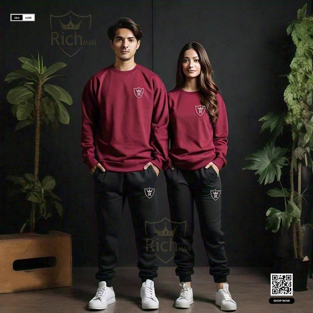 Stylish Fleece Sweatshirt Tracksuit for Men & Women – Brown – 2 Pcs
