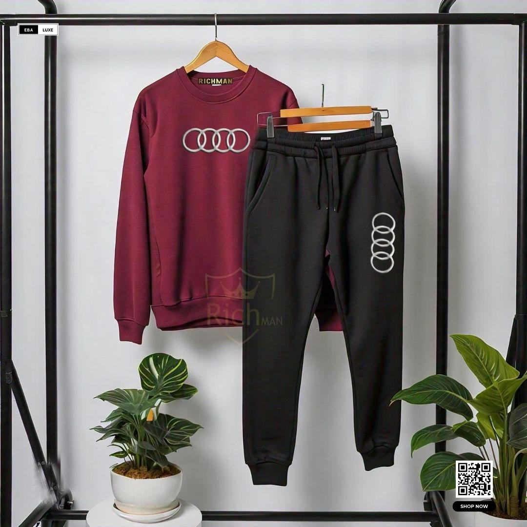 Unisex Fleece Tracksuit – Plain Sweatshirt & Trouser Set (Maroon/Black)