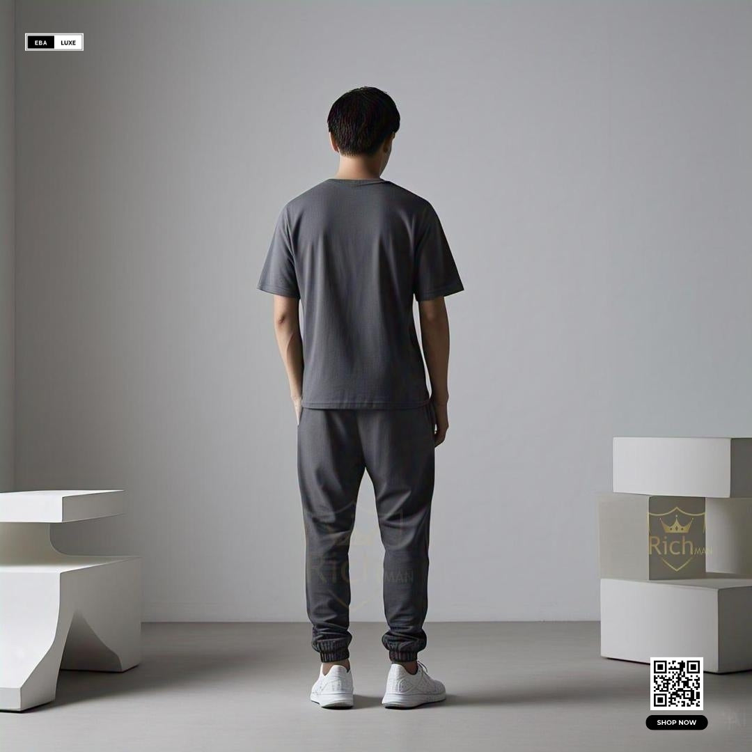 Micro Interlock Men’s Sportswear – T-Shirt + Bottom Set in Grey, Brown & More
