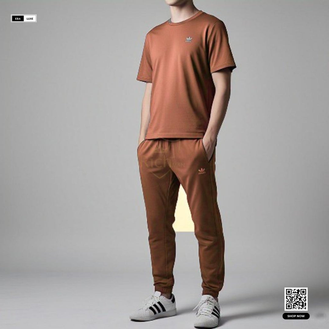 Micro Interlock Men’s Sportswear – T-Shirt + Bottom Set in Grey, Brown & More