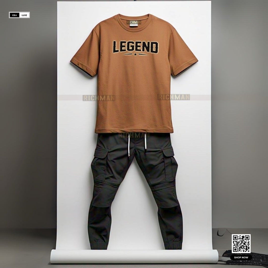 Unisex Cotton Tracksuit – Stylish "Legend" Print – Brown T-Shirt + Bottoms