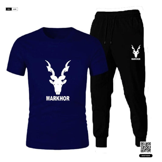 Men’s Markhor Design Printed Track Suit – Blue Polyester 2-Piece Set