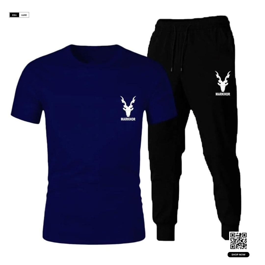 Men’s Markhor Design Printed Track Suit – Blue Polyester 2-Piece Set