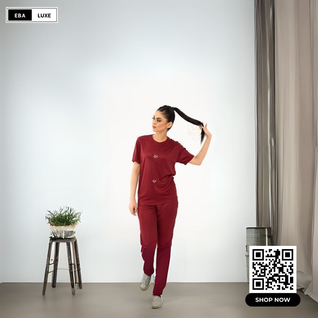 Women's Plain Stitched Tracksuit – 2-Piece Soft Polyester Casual Wear Set