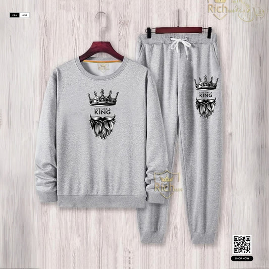 Men’s Graphic Fleece Tracksuit – KING & Smiley Design – Grey 2-Pcs