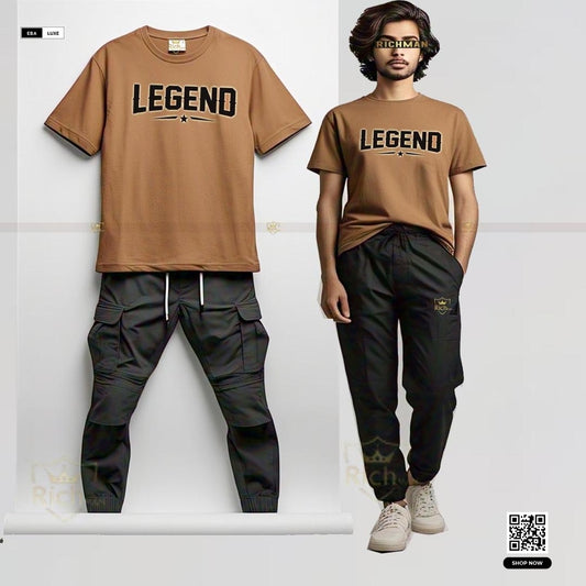 Unisex Cotton Tracksuit – Stylish "Legend" Print – Brown T-Shirt + Bottoms