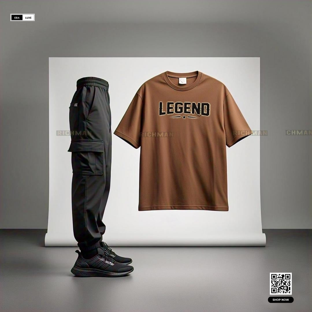 Unisex Cotton Tracksuit – Stylish "Legend" Print – Brown T-Shirt + Bottoms